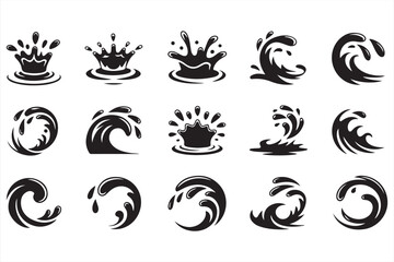 Modern Water Element Icons Featuring Curling Waves and Splash Motions in Clean Vector Format