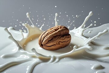 Fototapeta premium Walnut Splash in Milk – Dynamic Close-Up with Clean Minimalist Background