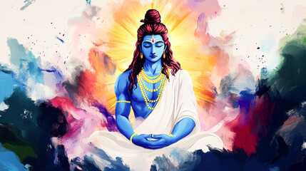 Obraz premium Hindu God Shiva Mahadev Meditating Colorful Abstract Painting Hinduism Deity Spiritual Artwork Yoga Peace Tranquility Divine Masculine Energy India Culture Religious Iconography Temple Art Wallpaper