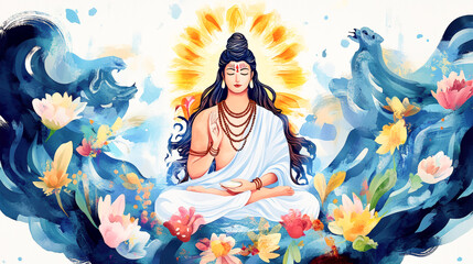 Obraz premium Serene Hindu God Shiva Meditating Amidst Water and Flowers Divine Illustration Spirituality Peace Yoga Meditation Hinduism Deity Religious Art Colorful Wallpaper Background Poster Design Concept Art