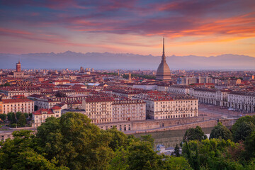Turin, Italy. Aerial cityscape image of Turin, Italy during beautiful summer sunrise.