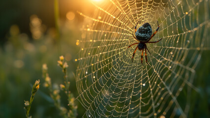 Spider web close-up in morning dew. Ultra-realistic spider silk details. Dewdrops glisten on spider web. Nature's beauty captured in a macro shot.