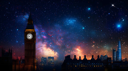 Fototapeta premium Big Ben And London City Skyline At Night Under Starry Sky