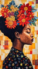 Portrait of a woman adorned with a vibrant floral crown.