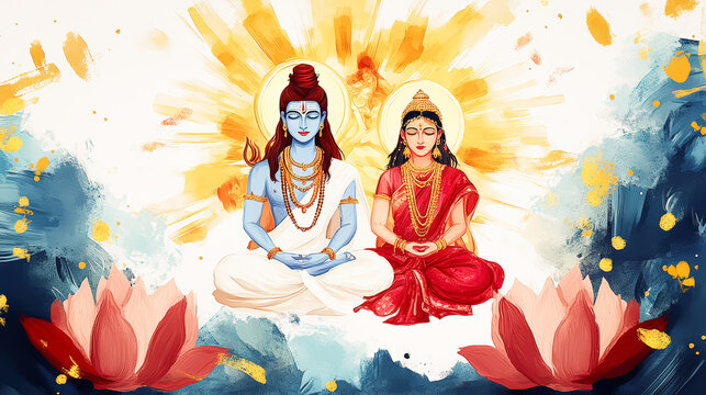 Lord Shiva and Goddess Parvati Hindu God and Goddess Digital Art Painting Meditation Posture Lotus Flower Religious Spirituality Hinduism India Divine Couple Mahadev Shakti Wallpaper Poster Greeting