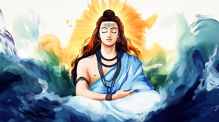 Hindu God Shiva Meditating Serene Peaceful Deity Mahadev Spiritual Divine Hinduism Mythology Religion India Yoga Meditation Cosmic Energy Painting Art Canvas Texture Wallpaper Background Colorful