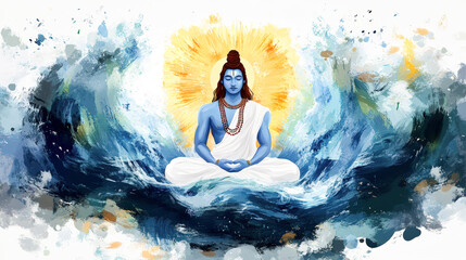 Lord Shiva Meditating on Ocean Waves Hindu God Spirituality Yoga Meditation Peace Harmony Divine Power Cosmic Energy Blue Deity Watercolor Painting Illustration Digital Art Religious Artwork Cultural