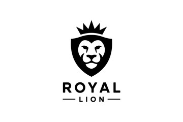 Royal lion head logo design with crown and shield