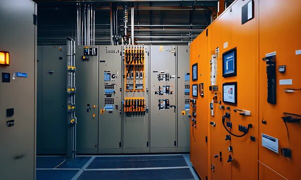 Rows of Electrical Panels in Orange and Gray with Visible Conduit Bright Industrial Interior