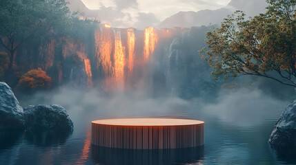 Wooden podium in a tranquil lake setting amidst a waterfall.