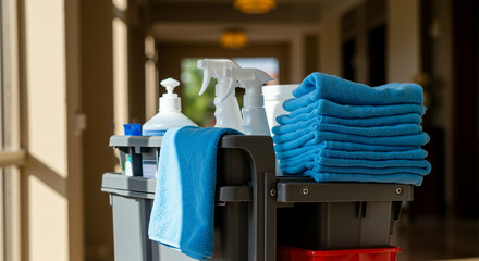 Housekeeping cart in hotel hallway great for service industry blogs, staff training visuals, and cleaning standards content