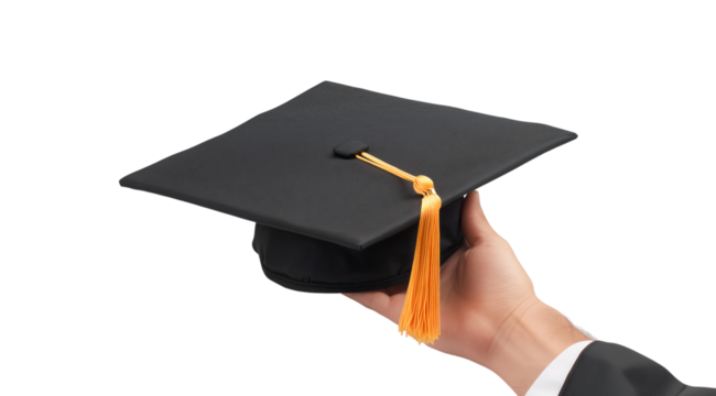 Hand holding a black cap with yellow tassel, created with AI, PNG