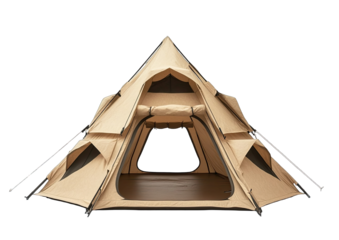 Beige, conical camping tent, open front