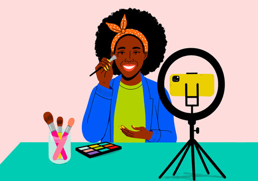 Illustration of a makeup artist influencer applying makeup with tools and recording with a smartphone and ring light