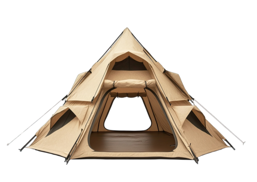 Beige, conical camping tent, open front