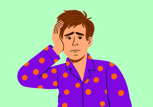 Illustration of a worried man in polka dot pajamas experiencing insomnia