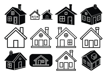 House Silhouette and Outline  Pack – Flat Design, Simple House Icons in Solid and Line Style – Vector Clipart