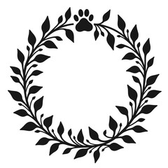 Elegant black leaf wreath with paw print center. Stylish floral frame for pet remembrance.  This design is perfect for pet loss sympathy cards, funeral announcements, or memorial websites.