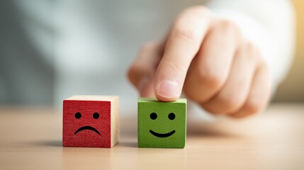 A hand pointing to a green happy face icon. Satisfied consumer. Emotional scale. Customer experience. Quality of service. Positive. Review. Feedback from a patron