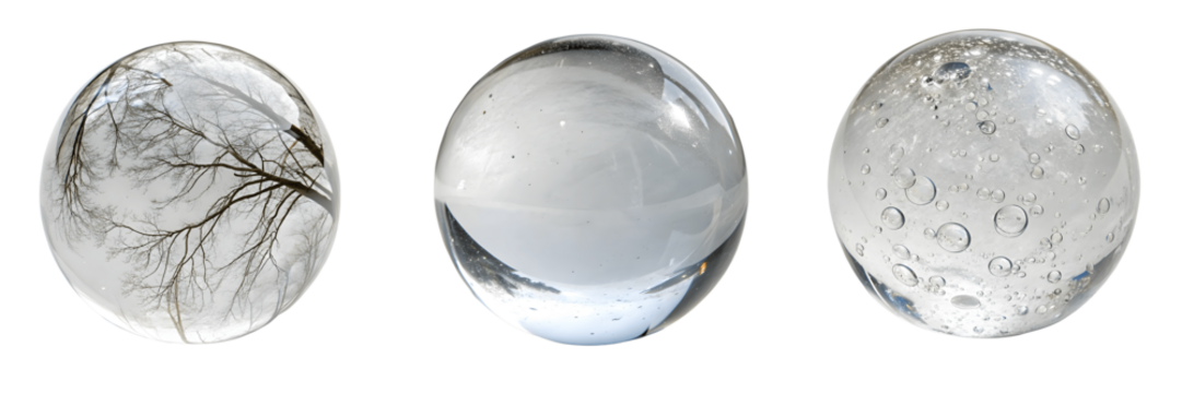 Three glass orbs isolated on transparent background, each with unique contents