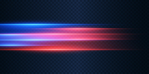Glowing horizontal light stripes in red and blue on a transparent background