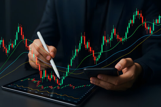 Analyzing Stock Market Trends on Digital Tablet with Candlestick Chart and Indicators