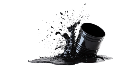 Black liquid spills from overturned can