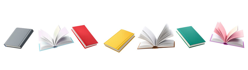Books of various sizes and colors await study, created with AI, PNG