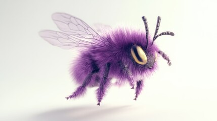 HD photo of a cute fat fluffy dark purple bee flying, garden background on white background -