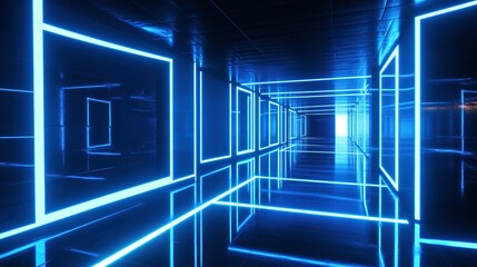Abstract futuristic blue neon tunnel background with glowing lines and square frames on black space, technology corridor featuring floor reflection for game interfaces, cybersecurity themes or archite