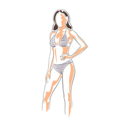 Woman in swimsuit, adult young lady wearing bikini. Isolated vector illustration, flat design sketch. Summer fashion