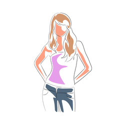 Young skinny woman standing in summer clothing, blonde hair, slim figure. Isolated vector illustration