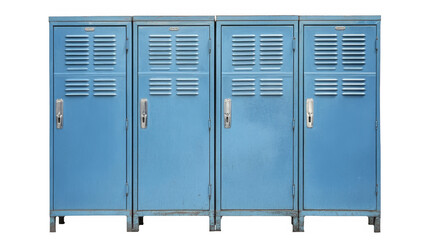 Row of four aged metal lockers in light blue on a transparent background, PNG image, PNG file.
