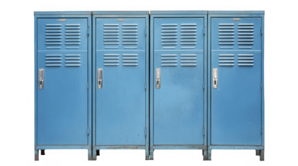 Row of four aged metal lockers in light blue on a transparent background, PNG image, PNG file.