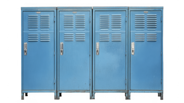 Row of four aged metal lockers in light blue on a transparent background, PNG image, PNG file. - Powered by Adobe