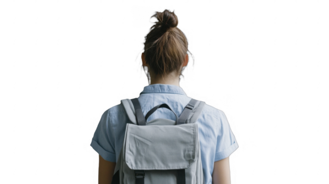 Young person with a backpack seen from behind on a transparent background, PNG image, PNG file.