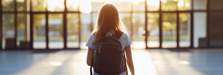 Female student with backpack walking into school building at sunset, symbolizing the start of a new academic year and the pursuit of knowledge
