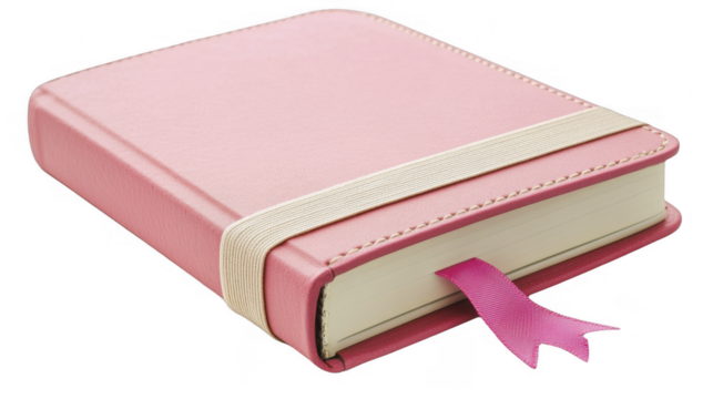 Closed pink leather notebook with ribbon marker and elastic closure on a transparent background, PNG image, PNG file.