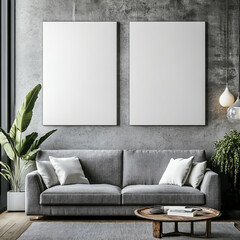Double blank canvas on wall in modern grey room, perfect for home decor mockup with minimalist and neutral interior style.
