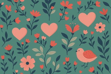 Romantic Floral Pattern Design with Pink Hearts and Birds Teal Background Pretty Flowers Illustration Lovely Spring Summer Botanical Artwork Cute Bird Image Perfect for Textile Fabric Wallpaper Card  