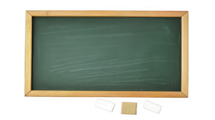 Green chalkboard with wooden frame and chalk erasers on a transparent background, PNG image, PNG file.