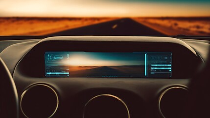 Future car dashboard driving into sunset