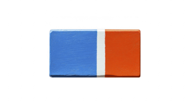 Painted wooden block divided into blue, white, and orange sections on a transparent background, PNG image, PNG file. - Powered by Adobe