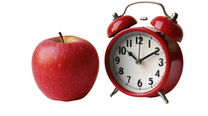 Fresh Red Apple and Alarm Clock Isolated on a Transparent Background, PNG image, PNG file