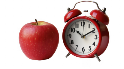 Fresh Red Apple and Alarm Clock Isolated on a Transparent Background, PNG image, PNG file