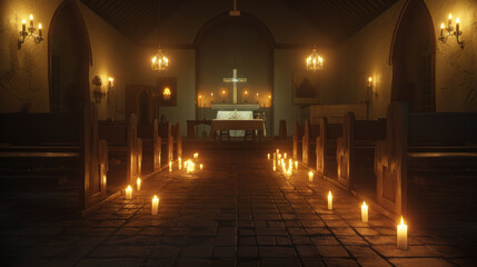 Fototapeta premium serene church interior with candles illuminating aisle, creating peaceful atmosphere