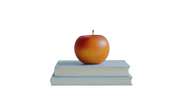 Red apple resting on a pile of two books on a transparent background, PNG image, PNG file.