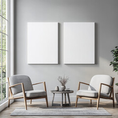 Double blank canvas on wall in modern grey room, perfect for home decor mockup with minimalist and neutral interior style.
