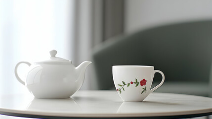 Fototapeta premium White Teapot And Teacup On Marble Table In Hotel Room