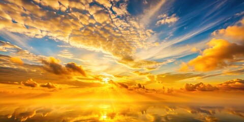Soft golden hues illuminate a serene morning sky with wispy clouds stretching across a vast horizon